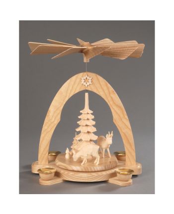 Pyramide, natur - geschnitzte Rehgruppe mit Bäumen
