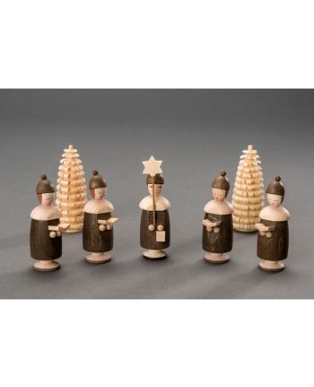 Kurrendefiguren mit Mütze – 1Sternträger, 4 Buchträger, 2 Ringelbäume