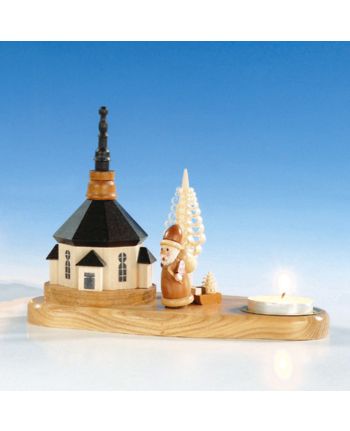 Kerzenhalter mit Kirche und Weihnachtsmann, natur