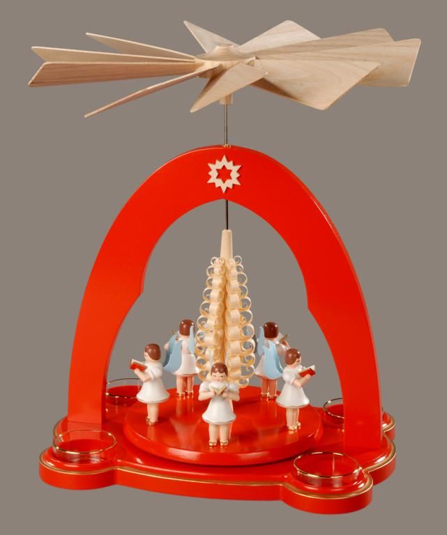 Pyramide, rot - 5 Engel mit Spanbaum